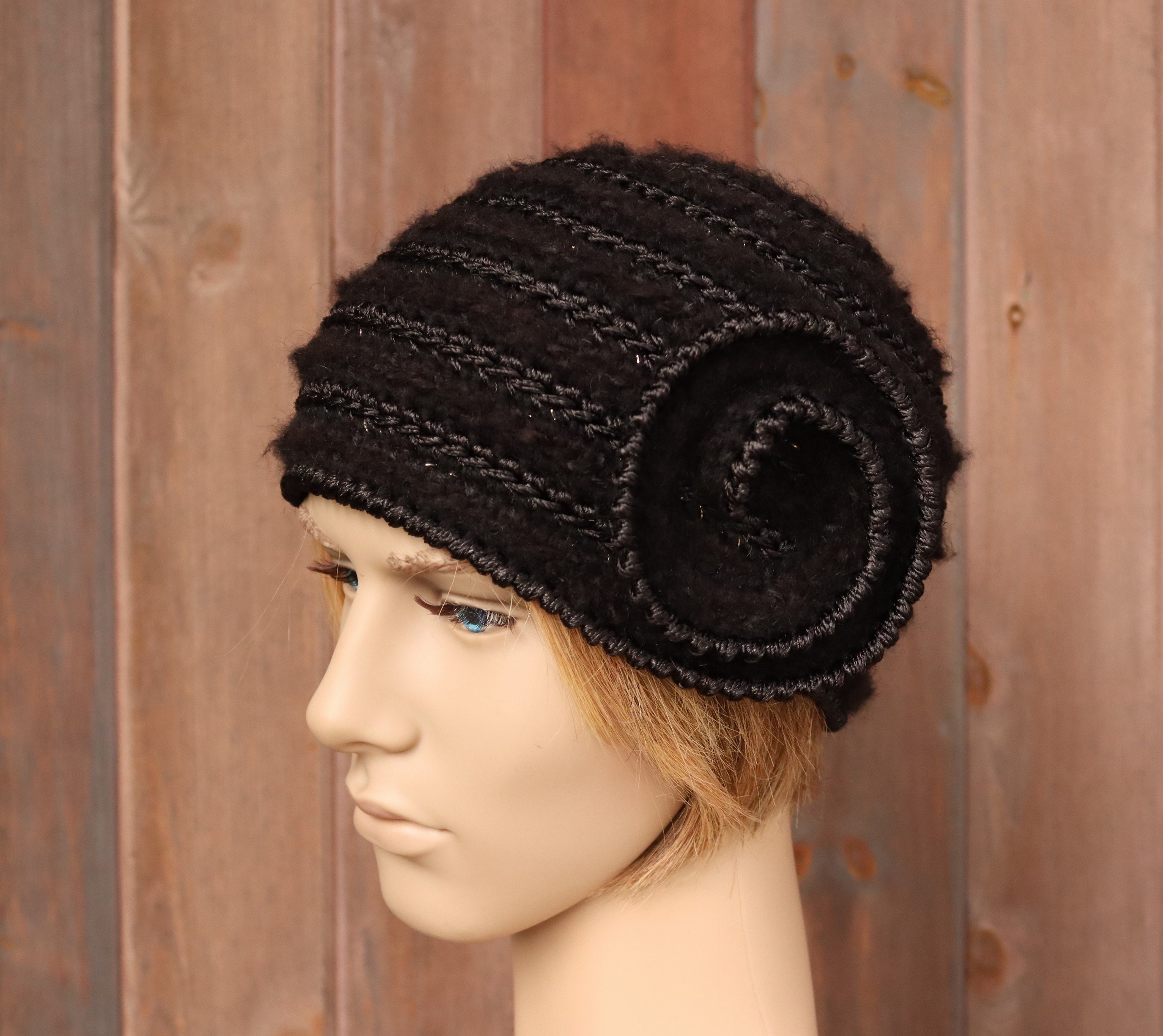 Vintage black crocheted hat Vintage Folded Handmade Crochet Bucket Hat, Unique Edging  main image 3
