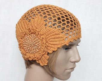 Cappello di lino all'uncinetto giallo, berretto da spiaggia estivo retrò