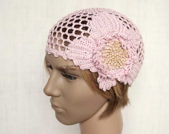 Cappello estivo all'uncinetto in lino rosa: berretto da spiaggia in stile retrò