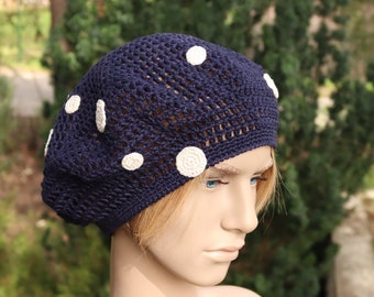 Berretto da donna di grandi dimensioni, berretto francese all'uncinetto, cappello estivo in lino blu notte e bianco per cappello da sole in pizzo da donna