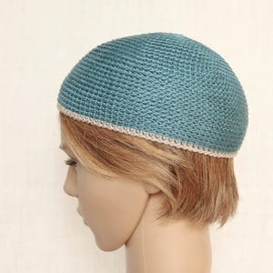 Ozeanblau Leinen Häkelarbeit Kufi: Kurze Sommer Beanie