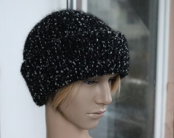 Handknitted Merino Wool Beanie, Black & White Boucle Slouchy Hat