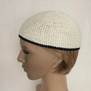 Gift for him, Milky white pure linen short kufi hats, men&#39;s skullcap crochet short beanie for men.