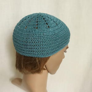 Large size kufi hat, men&#39;s skull-cap, ocean blue linen short hat for men, crochet short beanie, kufi hats for him