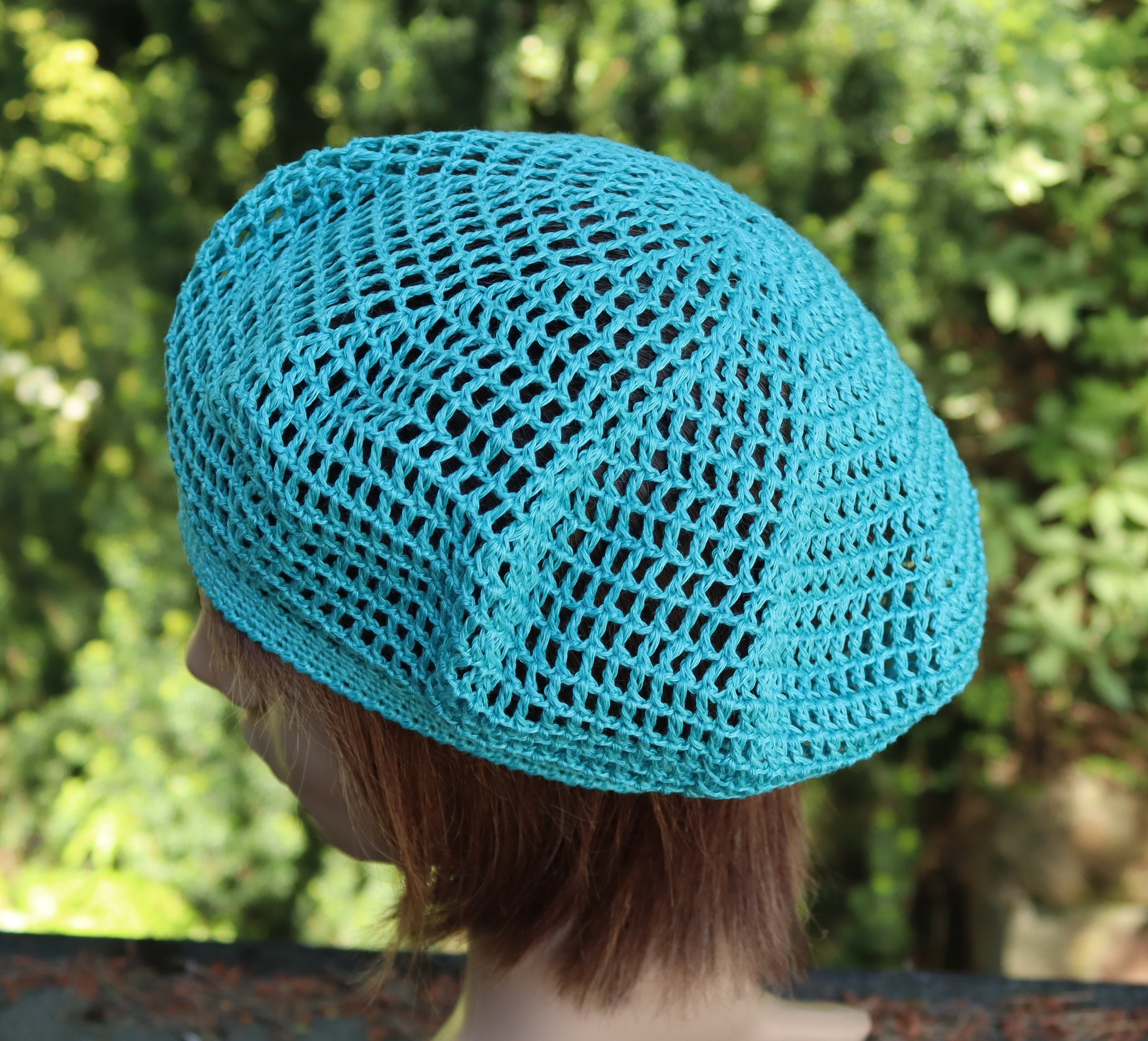 Crochet Linen Beret: Turquoise French Hat With Flower - Etsy display picture 3