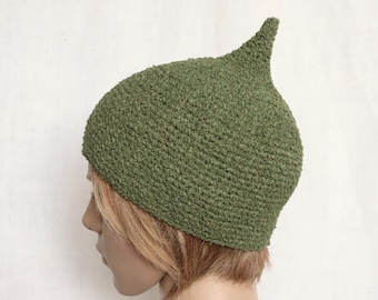 Bonnet de lutin en lin au crochet, fabriqué à partir de fil bouclé de pur lin vert kaki, chapeau d'été unisexe pour adulte et adolescent