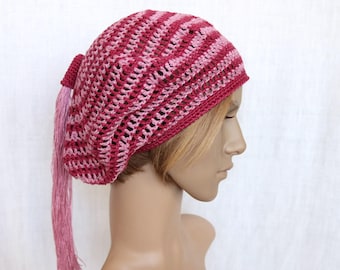 Béret en lin au crochet avec pampille, chapeau d'été à rayures
