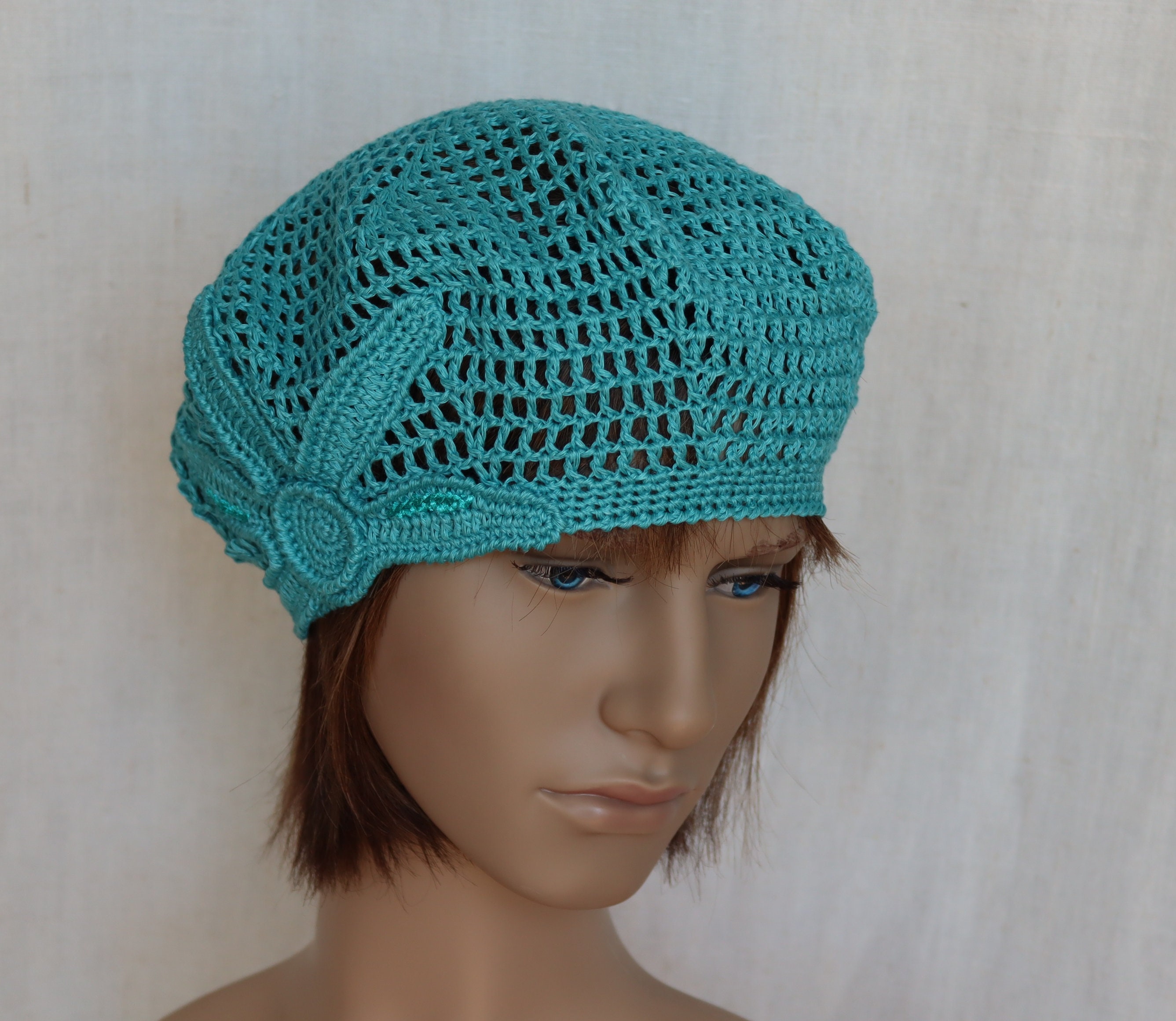 Crochet Linen Beret: Turquoise French Hat With Flower - Etsy display picture 1