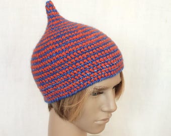 クロシェ編みのピクシーハット：ストライプ柄ウールブレンドノームキャップ