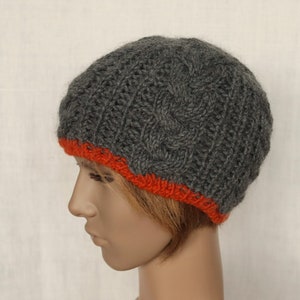 Mens winter hat, cable knit beanie hat, chunky wool hat, grey with rust orange winter cap, men's beanie hat, women's beanie hat.