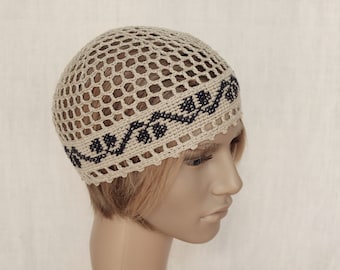 Bonnet femme crocheté et brodé, chapeau d'été, chapeau de soleil au crochet, casquette de festival du lin grise, bonnet pour femme ou ado-fille