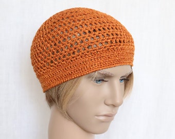Bonnet au crochet en lin fait main, chapeau d'été couleur rouille