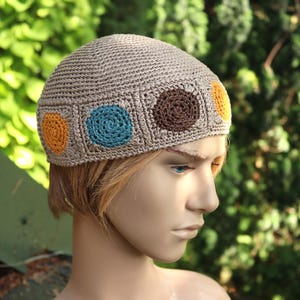 Handmade Linen Crochet Beanie: Taupe Short Hat with Colorful Squares