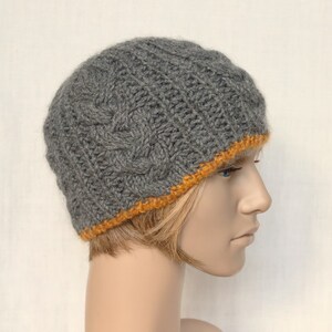 Mens winter hat, cable knit beanie hat, chunky wool hat, grey with mustard yellow winter cap, men's beanie hat, women's beanie hat.