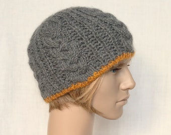 Cappello invernale da uomo, berretto lavorato a trecce, cappello di lana grosso, grigio con berretto invernale giallo senape, berretto da uomo, berretto da donna.