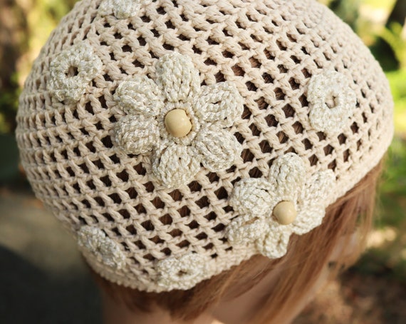 Linen Crochet Floral Hat, Cream Summer Beanie - Etsy display picture 3
