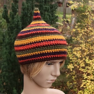 Gehaakte wintermuts met puntige top, hoed voor dames, voor heren, kabouterhoed, pixiehoed, veelkleurige hoed