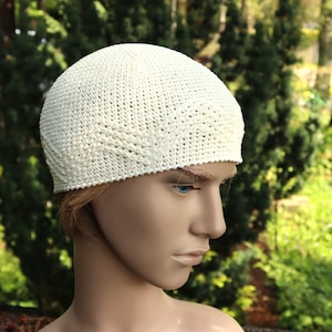 Crochet beanie hat for men, hat for women, white pure organic linen kufi hat