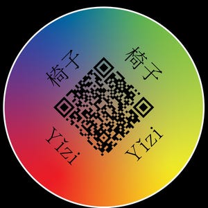 May include: A circular sticker with a rainbow gradient background. The sticker features a black and white QR code in the center. The text "Yizi" appears below the QR code and the text "种子" appears above the QR code.