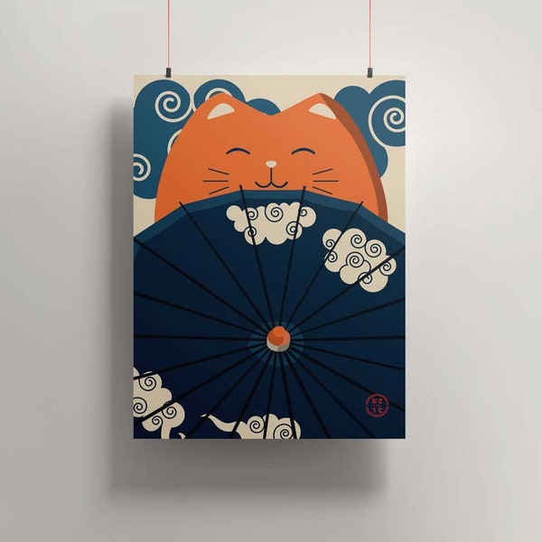 Affiche Neko to Kasa (Le Chat & Le Parapluie), print japonais, Art mural asiatique, art mural japonais, décoration asiatique, animal kawaii