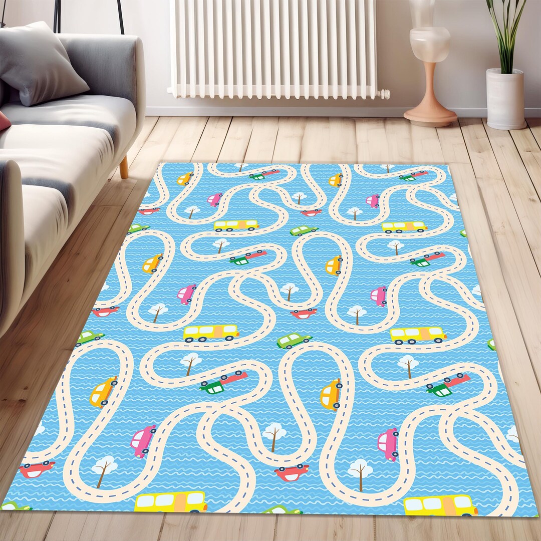 Kids Playroom Area Rug With Roads and Cars, Blue Toy Car Play Mat for ...