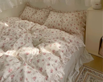 Set copripiumino in cotone 100% floreale rosa delicato, copripiumino con volant in pizzo principessa, arredamento Cottagecore, copripiumino doppio completo per regina, biancheria da letto floreale