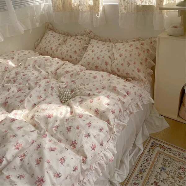 Gentle Pink Floral 100% Cotton Duvet Cover Set,Princess Lace Ruffle Duvet Cover,Cottagecore Decor,Twin Full Queen Duvet Cover,Floral Bedding