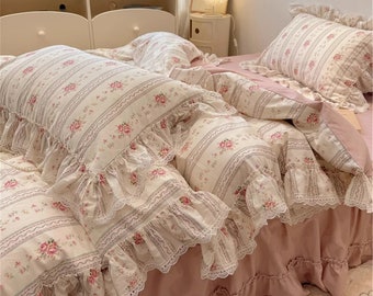 Fairy Pink Floral 100% Cotton Duvet Cover Set,Princess Lace Ruffle Duvet Cover,Girlish Floral Bedding,Twin Full Queen DuvetCover,Cottagecore