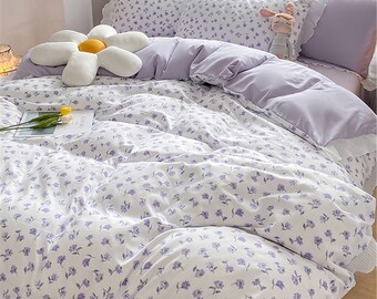 Juego de funda nórdica de algodón floral púrpura, juego de ropa de cama con volantes princesa, juego de ropa de cama floral, funda nórdica doble tamaño queen completo, decoración Cottagecore, regalo