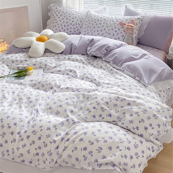 Purple Floral Cotton Duvet Cover Set, Princess Ruffled Bedding Set, Floral Bedding Set, Twin Full Queen Duvet Cover, Cottagecore Decor,Gift