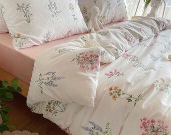 Fresh Floral 100% Cotton Duvet Cover Set, Girlish Floral Bedding, Cottagecore Decor, Twin Full Queen King Duvet Cover, Dorm Bedding, Gift