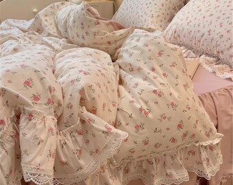 Ensemble de housse de couette 100% coton rose rose, housse de couette à volants en dentelle princesse, décor cottagecore, housse de couette double pleine reine, literie florale fille