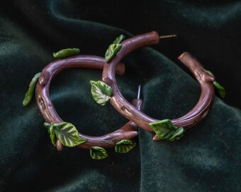 Leafy Branch Hoop Earrings, Woodland Fairytale Jewelry, Whimsical Fantasy Gifts for Green Witches, Cottagecore Fairycore Accessories