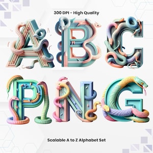 Colorful Snake Alphabet Set Clipart Snake Doodle Letters Font PNG 3D Letters Digital Stickers Animal Alphabet Sublimation Png