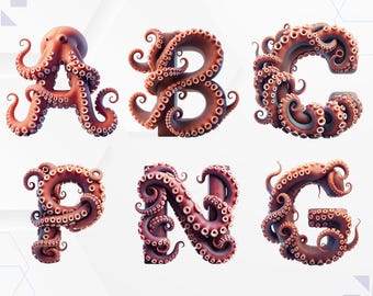 Octopus Alphabet PNG: 3D Doodle Font, Digital Stickers (A-Z)