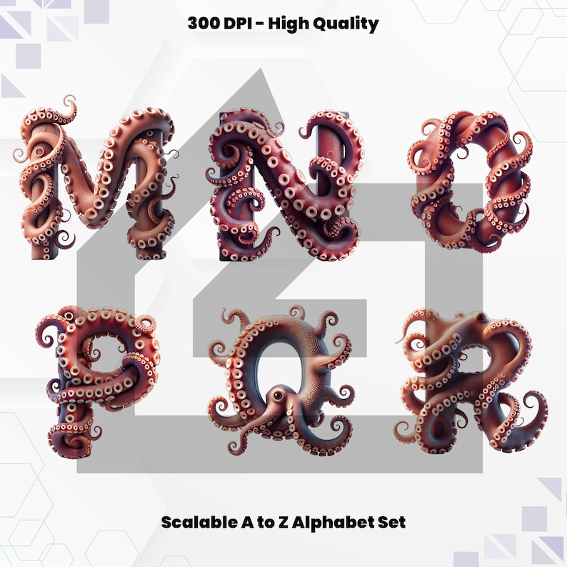 Octopus Alphabet PNG: 3D Doodle Font, Digital Stickers (A-Z) - Etsy Canada