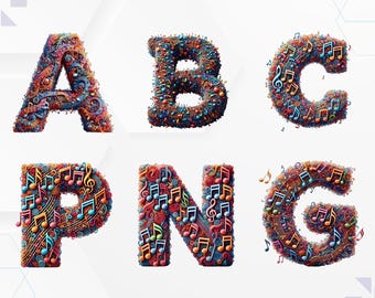 Musiknoten Alphabet PNG - 3D Groovy Schrift Clipart (Digitaler Download)