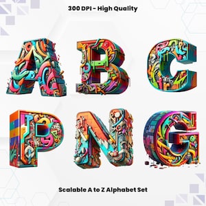 Graffiti Alphabet PNG Bundle: Colorful Street Art Doodle Letters (Digital Download)