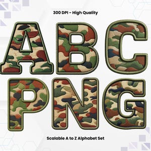 May include: A to Z alphabet set of camouflage patterned letters. The letters are outlined in black and have a leather texture. The letters are in a high-quality 300 DPI format.