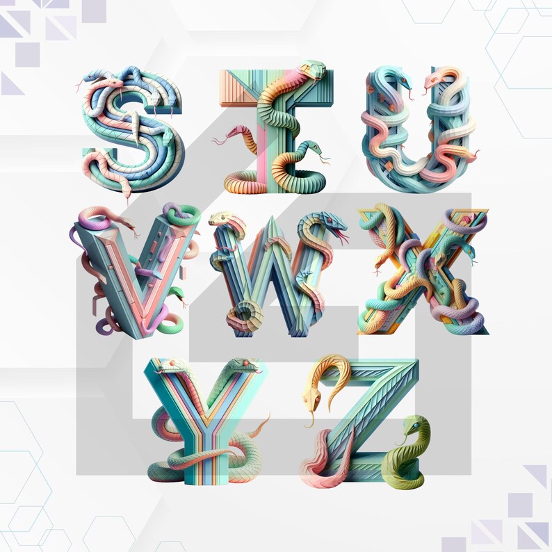 Snake Alphabet Clipart: Colorful Doodle Letters, Font PNG (digital ...
