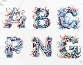 Octopus Alphabet Clipart: 3D Doodle Letters, Animal Font (PNG Digital Stickers)