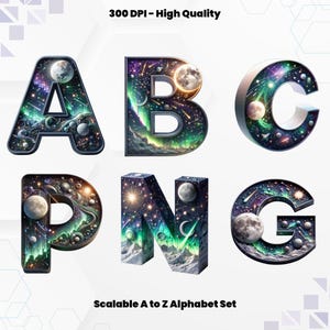 May include: A to Z alphabet set with each letter filled with a space-themed design. The letters are 3D and have a dark gray outline. The background is white with a geometric pattern.