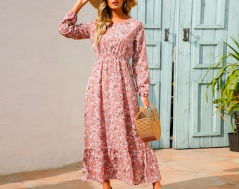 Sping Summer Bohemian Women Maxi Dress, Casual Long Sleeve Beach Woman Chiffon Dress, Floral Summer Beach Women Maxi Dress