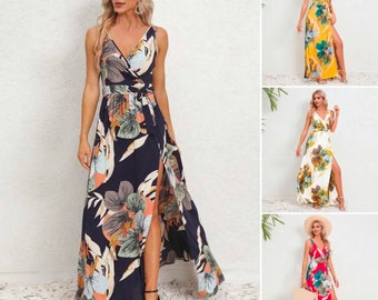 Women Summer Dress, V-Neck Print Sleeveless High Waist Split Hem Maxi, Pleated Soft Beach Maxi Dress, Women Summer Beach Floral Long Dress
