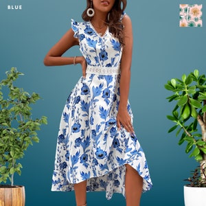 Women Summer Casual Floral Print Dress, Women Hollow Beach Long Dress