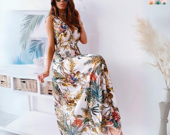 Summer New Print Open Back Lace-Up Dress, Summer Women Floral Maxi Dress, Summer Floral Print Women Maxi Long Skirt, Beach Maxi Dress