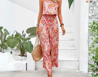 Elegant Long Jumpsuit Women Dress, Sexy Backless Wide Leg Women Jumpsuits, Sleeveless Floral Rompers Summer Clothes For Woman