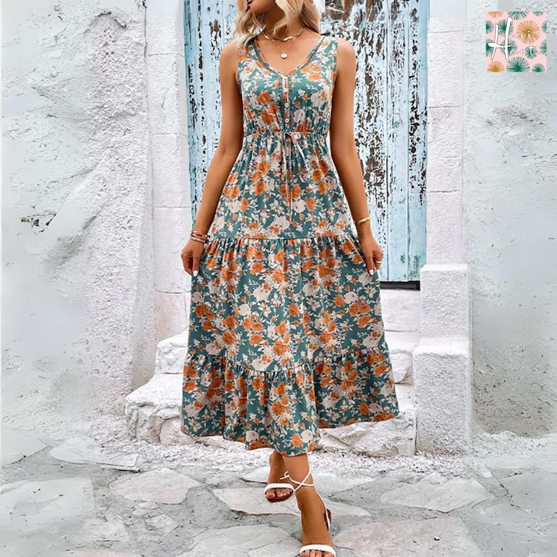 Elegant Floral Long Dress Women, Summer Casual Sleeveless Ruffle Beach Dress, Women Floral Beach Maxi Dress, Casual Summer Beach Maxi Dress zdjęcie 1