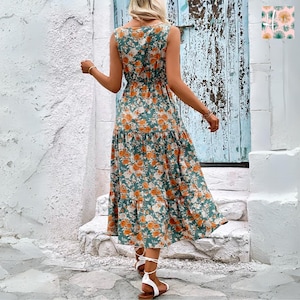 Elegant Floral Long Dress Women, Summer Casual Sleeveless Ruffle Beach Dress, Women Floral Beach Maxi Dress, Casual Summer Beach Maxi Dress image 4