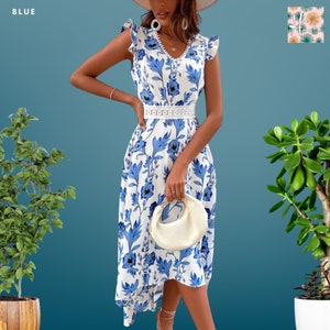 Women Summer Casual Floral Print Dress, Women Hollow Beach Long Dress